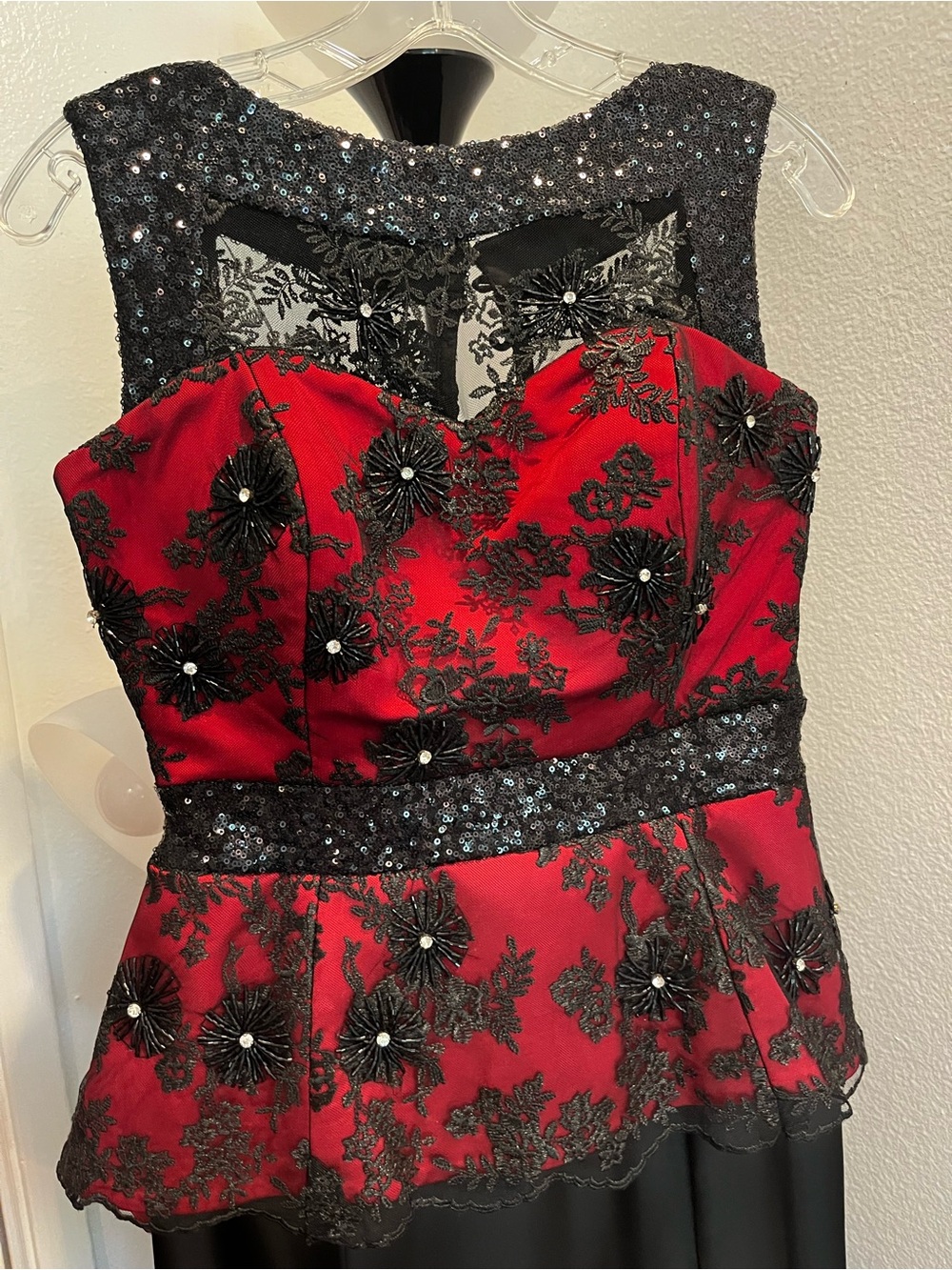 Red and Black Beaded Peplum Evening Gown
